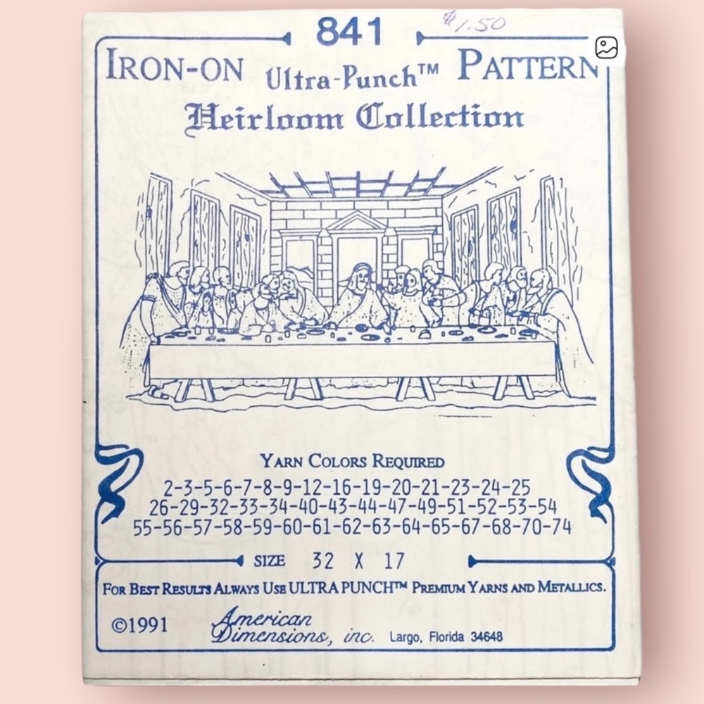 3/$10 American Dimensions Transfer Pattern The Last Supper for Embroidery 1991